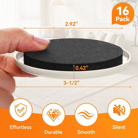 Heavy Duty Furniture Sliders Reusable Plastic Floor Protectors For Carpet Hardwood Chair Leg Glides Move Heavy Loads Like A Breeze One Person Job Save Your Back Protect Floors From Scratches Easy Install Zero Friction, showcasing 2.92in by 3.5in round slider held in hand.