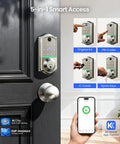 No Sweat App Paired Fingerprint Smart Front Lock With Heavy Duty Knob Set And Slick Satin Nickel Finish Smooth keyless entry with app control.