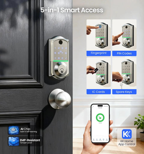 No Sweat App Paired Fingerprint Smart Front Lock With Heavy Duty Knob Set And Slick Satin Nickel Finish Smooth keyless entry with app control.