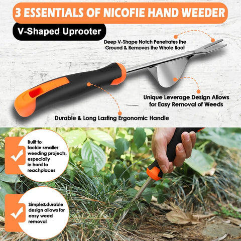 Three-Piece Hand Weeder Tool Set With Rubber Handles, Crack Crevice Weeder, Uprooting V-Shaped Weeder, And Four Teeth Digger For Deep Root Removal In Lawn, Garden, Sidewalk Cracks, Easy Pull Weed Tools For Every Gardener V-shaped tool in use