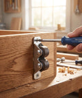 10 Pack Heavy Duty Mini Furniture Casters That Roll Like A Dream With Silent TPE Pads For Tool Benches Cabinet Drawers And Office Desks Quick Bolt Install shown being installed on a wooden drawer.