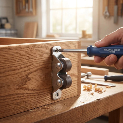 10 Pack Heavy Duty Mini Furniture Casters That Roll Like A Dream With Silent TPE Pads For Tool Benches Cabinet Drawers And Office Desks Quick Bolt Install shown being installed on a wooden drawer.