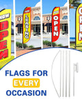 Three 15-Foot Swooper Flag Pole Kits With Ground Spikes displayed with bright 'Now Open' signage at a storefront