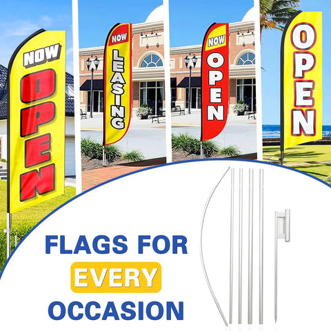 Three 15-Foot Swooper Flag Pole Kits With Ground Spikes displayed with bright 'Now Open' signage at a storefront