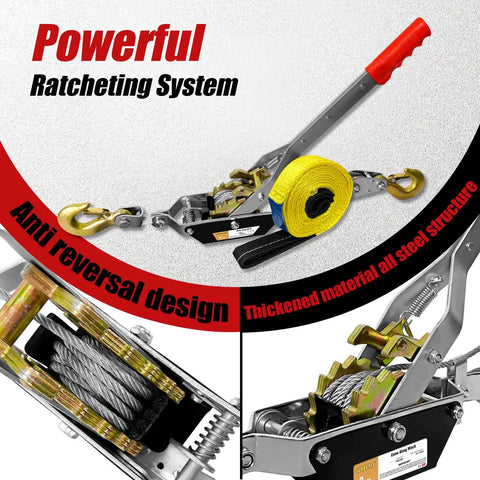 Heavy Duty Come Along Winch With 10 Foot Cable And 2 Ton Load Capacity Two Gears Dual Hooks Workhorse Grade Straps Included Ideal For Construction Automotive Farm Fences, steel ratchet winch with dual hooks and lifting sling