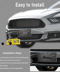 License Plate Bracket Holder Front Mounting Kit installation on gray car with screws and steps, bumper view