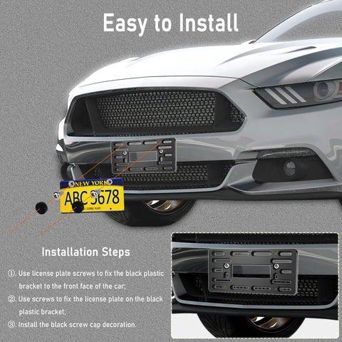 License Plate Bracket Holder Front Mounting Kit installation on gray car with screws and steps, bumper view
