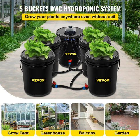 Image of Five Bucket Deep Water Culture Hydroponic Grow System For Indoor And Outdoor Leafy Greens With 5 Gallon Buckets, Efficient Pump