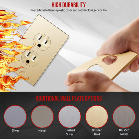 Elite Series Tamper Resistant Duplex Outlet With Screwless Wall Plate And Grounding Residential Grade 15A 125V Receptacle UL Listed Gold Finish Easy Install Child Safe Design Includes Matching Wall Plate shown with brushed gold option.