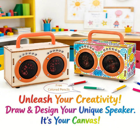 Build Your Own Bluetooth Speaker Kit For Kids And Teens No Soldering Required, wooden speakers with drawing designs and pencils