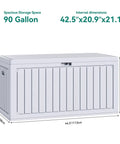 90 Gallon Outdoor Deck Box With Double Wall Resin Construction Weatherproof Storage Chest in white, front view, dimensions shown.
