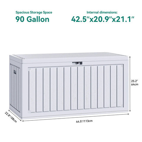 90 Gallon Outdoor Deck Box With Double Wall Resin Construction Weatherproof Storage Chest in white, front view, dimensions shown.