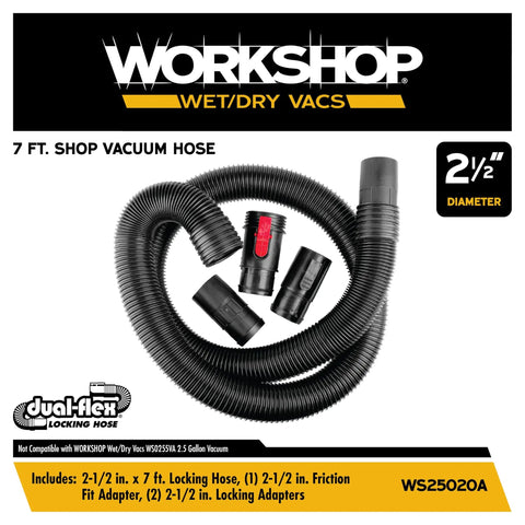Dual Flex 2.5 Inch By 7 Foot Locking Shop Vac Hose Replacement For Wet Dry Vacuums with adapters and flex ends