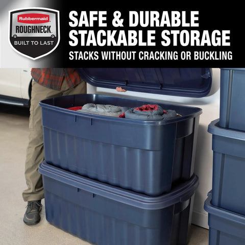 Heavy Duty 50 Gallon Stackable Plastic Storage Totes Two Pack With Secure Lids And Carry Handles Tough As Nails For Garage Junk Or Camping Gear Made In Usa For Real Deal Pros Who Get It Done