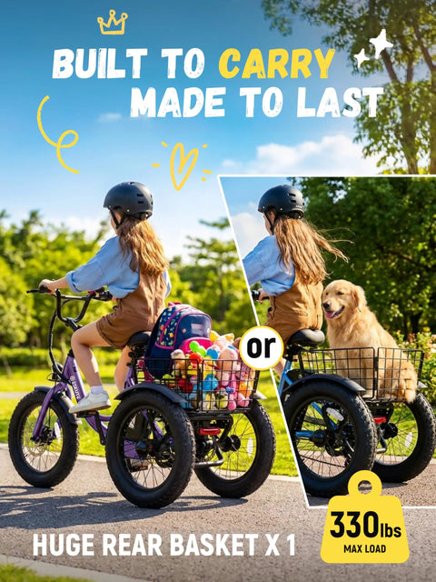 Kid Friendly 3 Wheel Electric Trike With Fat 16x3.0 Tires Folding Frame 378Wh Battery 500W Peak Motor Step Thru Design Safe 12.5 MPH For Beginners Ages 6 Plus Purple rear basket with child rider and pet