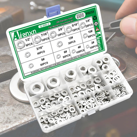 Aienxn 550-piece stainless steel flat washers assortment in a white 12-compartment plastic storage box, top-down view.