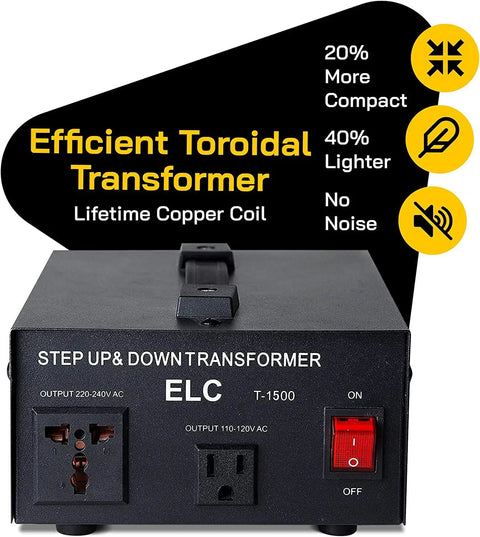 Beefy 1500W Voltage Converter Transformer For 110V To 220V And 220V To 110V Heavy Duty Step Up Down With Circuit Breaker Protection CE Certified 3 Year Warranty front view with outlets