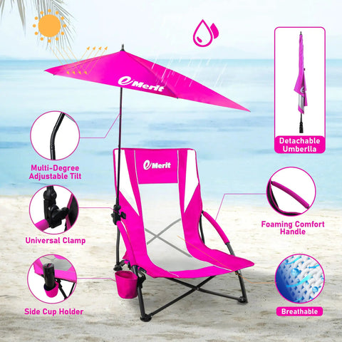 Low Beach Chair With Removable UPF 50 Plus Umbrella Lightweight Folding Backpack Style Camp Chair With Cup Holder For Sand Beach Picnic Or Lawn Easy Carry Kickback Comfort For All Day on beach