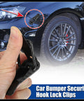 Hand holding Universal Car Bumper Security Hook Lock Clips Quick Release Fasteners For Trunk Bumpers And Fenders With Carbon Fiber Pattern installed on car