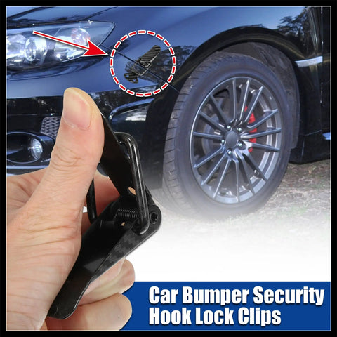 Hand holding Universal Car Bumper Security Hook Lock Clips Quick Release Fasteners For Trunk Bumpers And Fenders With Carbon Fiber Pattern installed on car