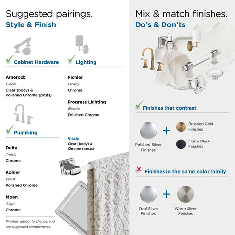 Guide showing style pairings and finish combinations with Glacio Clear Chrome Single Robe Hook Towel Holder About 3 Inch Long Mixed Material Luxury Bath Hardware Modern Designer Look For Towels And Robes Durable Wall Mount Bath Accessories.