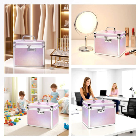 Collage showing Colorful Aurora Combination Lock Box With Code For Personal Items Safe For Meds And Docs Portable Medicine Lockbox around home.