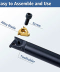 Pro Grade Carbide Lathe Tool Set For Turning And Threading, All-In-One 21-Piece Kit, showing toolholder, screw, and alloy blade.