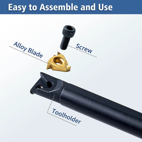 Pro Grade Carbide Lathe Tool Set For Turning And Threading, All-In-One 21-Piece Kit, showing toolholder, screw, and alloy blade.