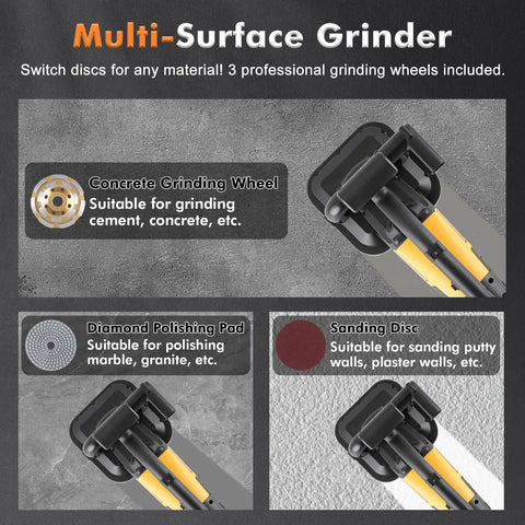 Multi-Surface Grinder with three replaceable wheels including concrete, diamond, and sanding options shown for diverse grinding.