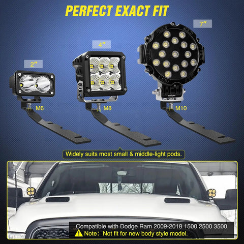 Perfect fit ditch light brackets for hood hinges mounts for offroad LED pod light and work light on 2009 2018 Dodge Ram 1500 2500 3500