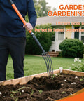 Heavy Duty 4-Tine Garden Fork With Fiberglass Handle For Digging And Aerating Soil Spading And Composting Root Harvesting Potatoes And Loose Soil 45 Inch Length Built Tough Ergonomic Grip For Everyday Yard Work being used in raised garden bed