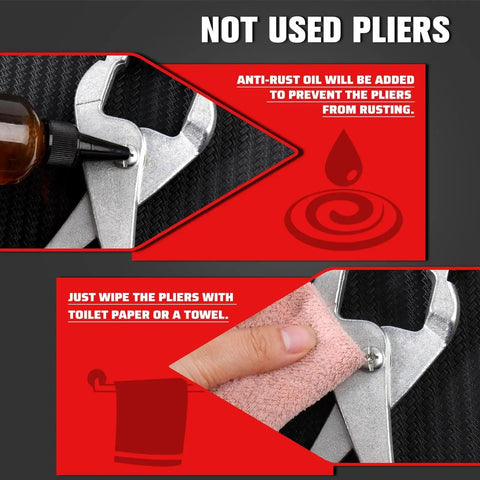 Beefy Built To Last Ceiling Grid Punch Pliers Kit With 3.3mm Hole Punch showing maintenance with oil and towel.