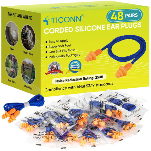 Box and individually wrapped Silicone Sleep Ear Plugs for Sleeping and Travel, Noise Canceling 25dB NRR, 48 Pairs displayed.