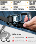 Close-up of Beefed Up Heavy Duty Ratchet Tie Down Straps Set, ergonomic handle, black strap, with comparison to another brand