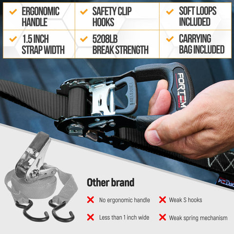Close-up of Beefed Up Heavy Duty Ratchet Tie Down Straps Set, ergonomic handle, black strap, with comparison to another brand