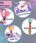 Over 100 STEM Projects Kit For Girls Ages 8 To 12 Mini Engineering Set featuring spin art, massager, table fan, and magic wand.
