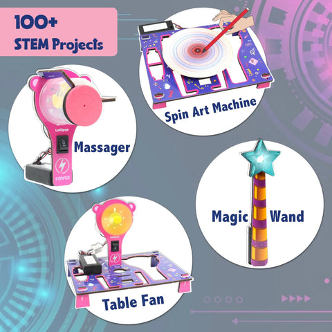 Over 100 STEM Projects Kit For Girls Ages 8 To 12 Mini Engineering Set featuring spin art, massager, table fan, and magic wand.