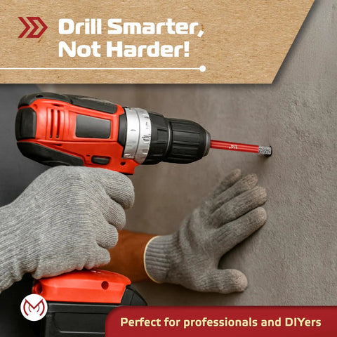 Person using 10 Piece Dry Diamond Drill Bit Set With Storage Case One Quarter Inch Shank Vacuum Brazed Bits on wall