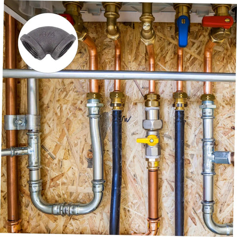 Image of Six Piece Industrial Elbow Cast Iron Pipe Connector Set For Plumbing And HVAC, 3/4 Inch Hose Connectors in use on piping.