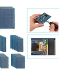 Ultimate Dope Breadboard And PCB Prototyping Kit with multiple double-sided PCBs, hands soldering a board, wired PCB example
