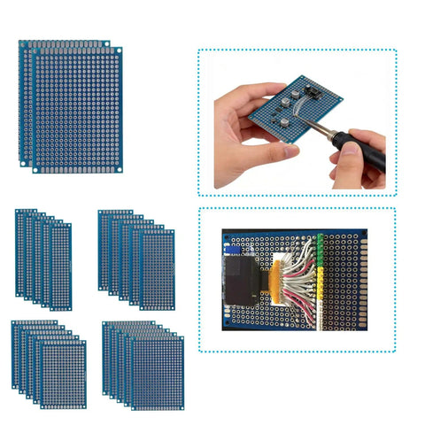 Ultimate Dope Breadboard And PCB Prototyping Kit with multiple double-sided PCBs, hands soldering a board, wired PCB example