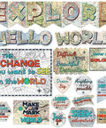 Map Bulletin Board Set With Travel Theme For Classrooms Adventure Decor Back To School Wall Party 29 Pcs Colorful Map Cutouts And Motivational Words For Inspiring Learning, featuring 'Explore' and 'Hello World' designs.