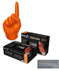 Extreme Duty Orange Nitrile Gloves With 8 Plus Mil Thickness And Textured Non Slip Grip Built Tough As Nails For Mechanics And Tradesmen Powder Free Latex Free Industrial Work Gear That Handles The Rough Stuff displayed with packing.