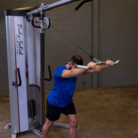 Man performing bicep curls with Straight Up Heavy Duty Aluminum Curl Bar Attachment Compatible With Cable Machines.