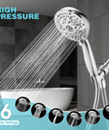 Installed chrome handheld shower head with 59-inch stainless steel hose and 6 spray settings