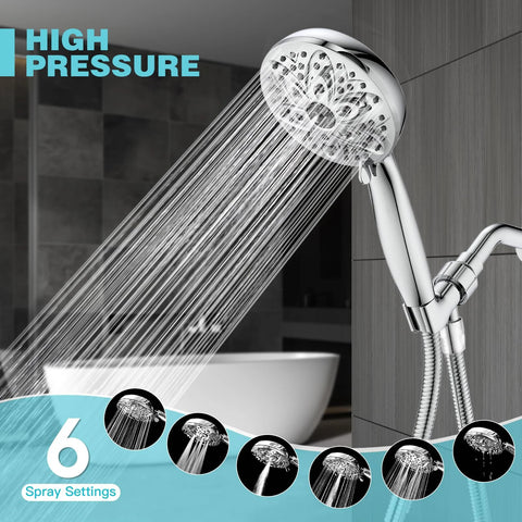 Installed chrome handheld shower head with 59-inch stainless steel hose and 6 spray settings