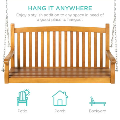 48 Inch Wood Porch Swing For Outdoor Patio Hanging Bench Chair For Deck, Garden, And Yard With Mounting Chains, front view.