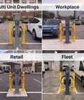 Commercial Grade Dual Port Electric Charger Pedestal Rock Solid Aluminum Freestanding Stand For Level Two Chargers viewed in multi unit, workplace, retail and fleet settings.