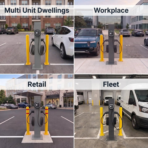 Commercial Grade Dual Port Electric Charger Pedestal Rock Solid Aluminum Freestanding Stand For Level Two Chargers viewed in multi unit, workplace, retail and fleet settings.