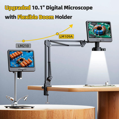 10.1 Inch IPS Digital Microscope With Flexible Arm Stand And 56 LED Ring Light For Coins And Soldering Electronics 260X Magnification PC View Dope For Home Hobbyists And Electronics Enthusiasts. Flexible boom holder on desk